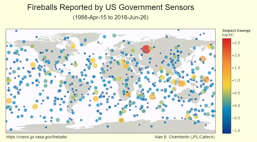 image of Recorded incidents of fireballs around the world