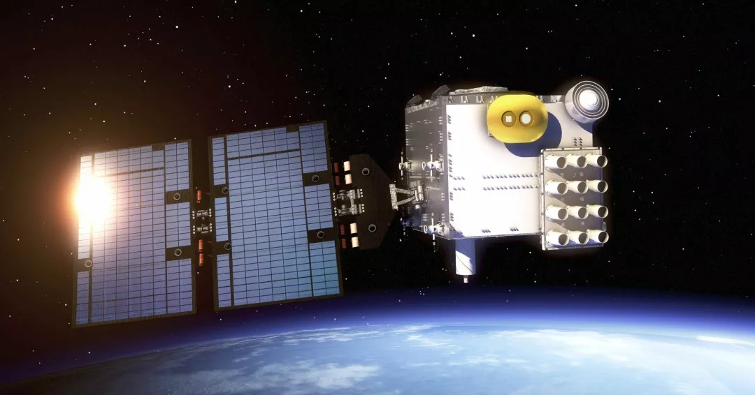 Artist's depiction of a COSMIC-II satellite in orbit above Earth