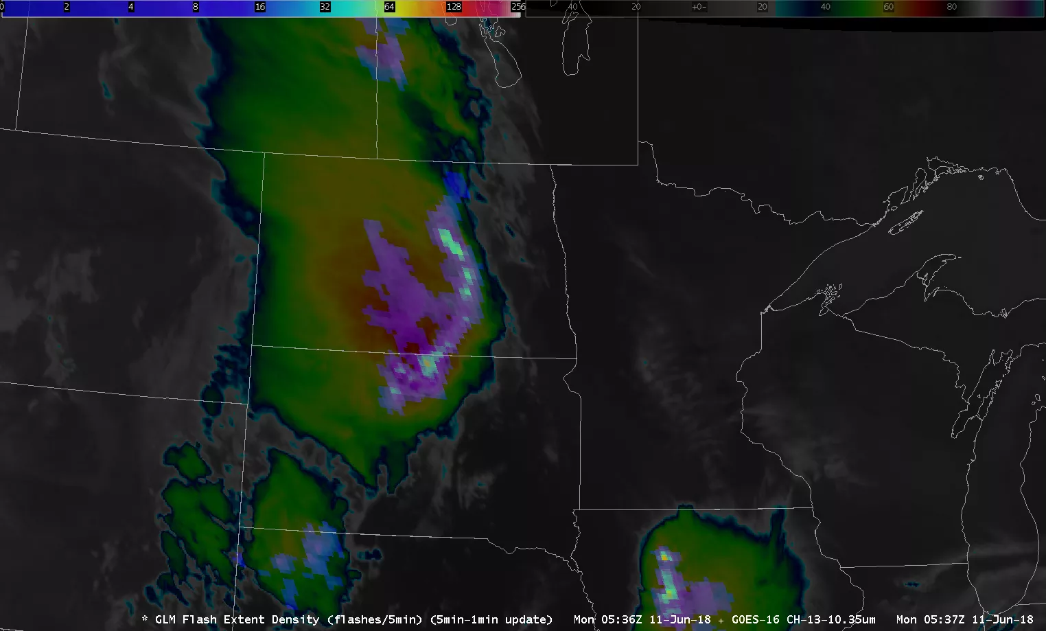 Image of GOES East GLM imagery shows a high concentration of lightning flashes 