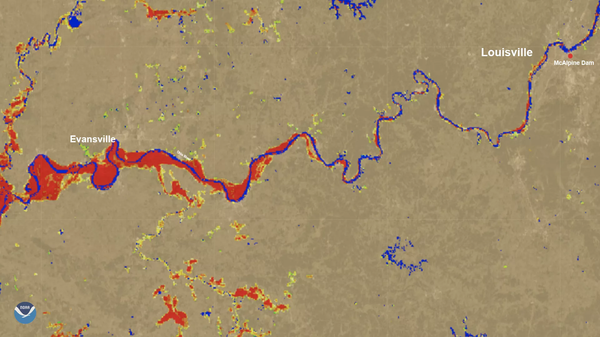 A map of Kentucky, Illinois and Indiana shows flooding along the Ohio River in shades of red and yellow