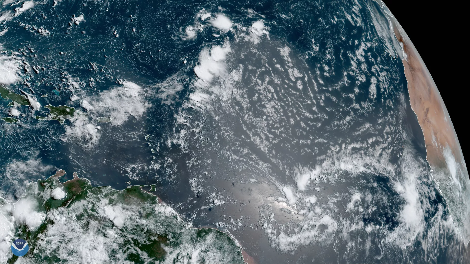 GOES East views Saharan dust blowing across the Atlantic Ocean, via GeoColor imagery, from  August 1, 2019.
