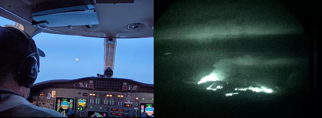 On the left: pilot in the cockpit of a plane. Right: night-vision image of a fire. 
