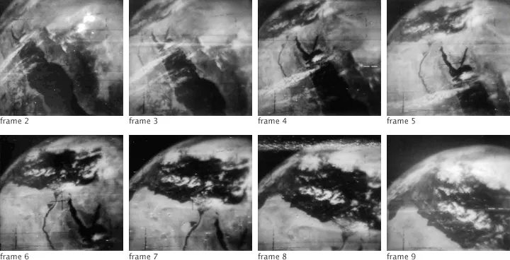 Set of blurry black and white images from space. The first image, Frame 2, shows the Red Sea and the Suez Canal, with the water in black and land in varying shades of gray. Clouds are depicted as nearly white. With each successive frame, the satellite shows more land as it moves northwest. By the last frame, you can see the shores of Egypt and Libya, along with some of the Mediterranean Sea. 