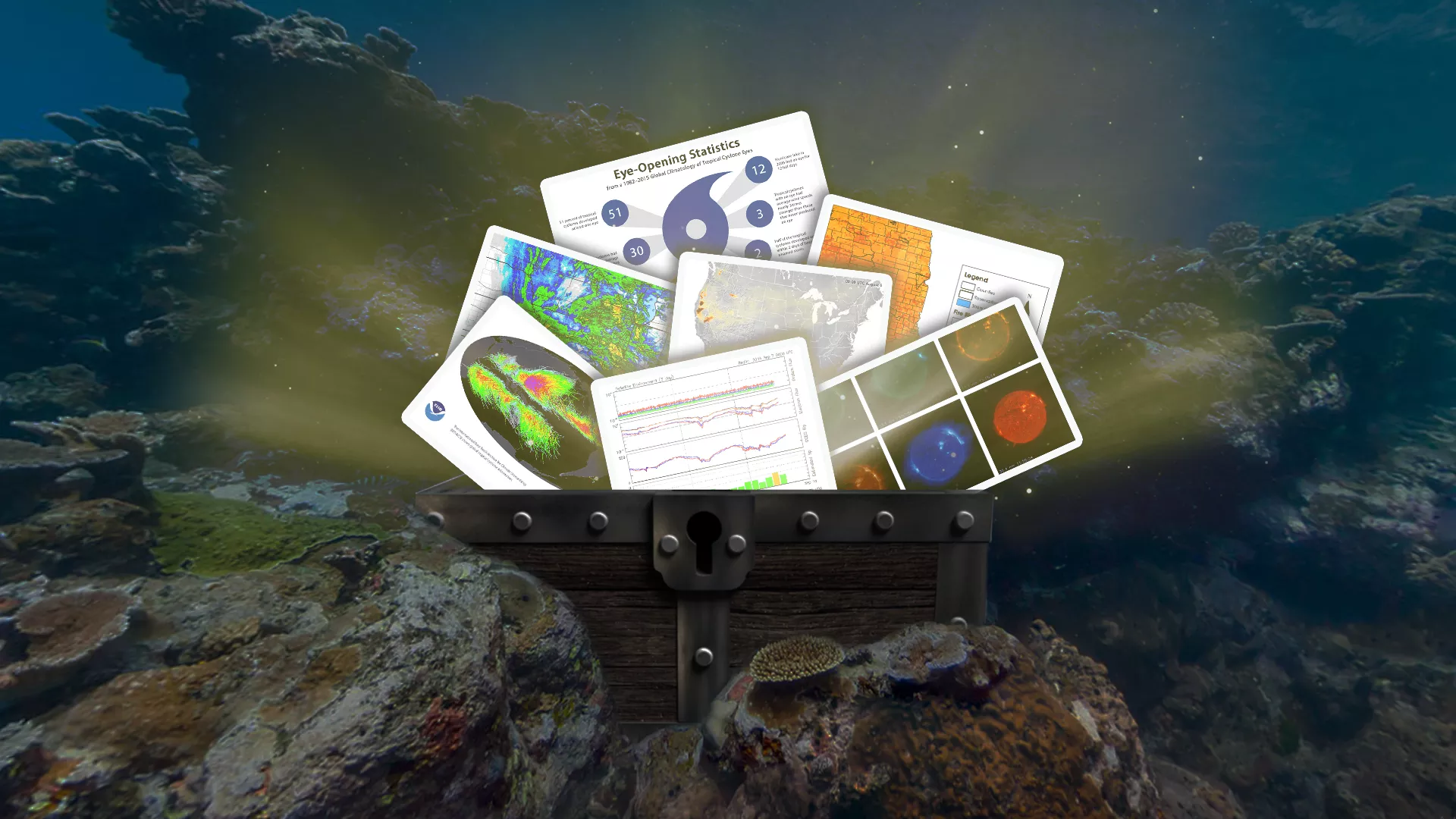 Graphic image of a treasure chest underwater